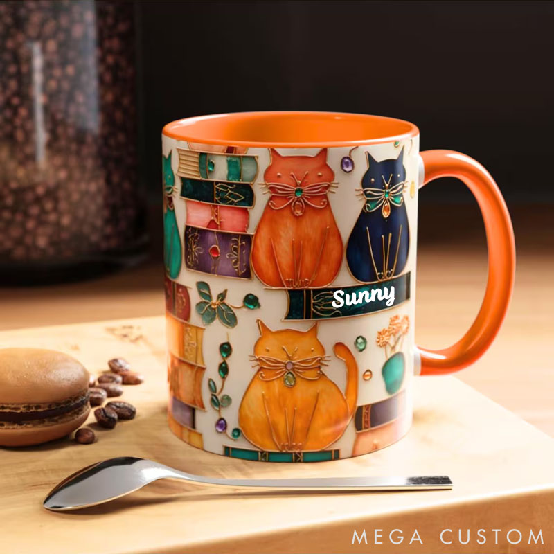 Personalized Cat Lover Stained Glass Look Cat Mug Book Lover Ceramic Coffee Cup Bookish Mug