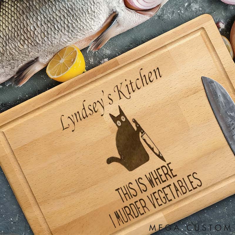 Personalized Cat Lover This is where I Murder Vegetables Cutting Board
