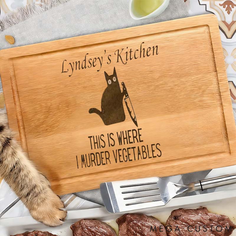 Personalized Cat Lover This is where I Murder Vegetables Cutting Board