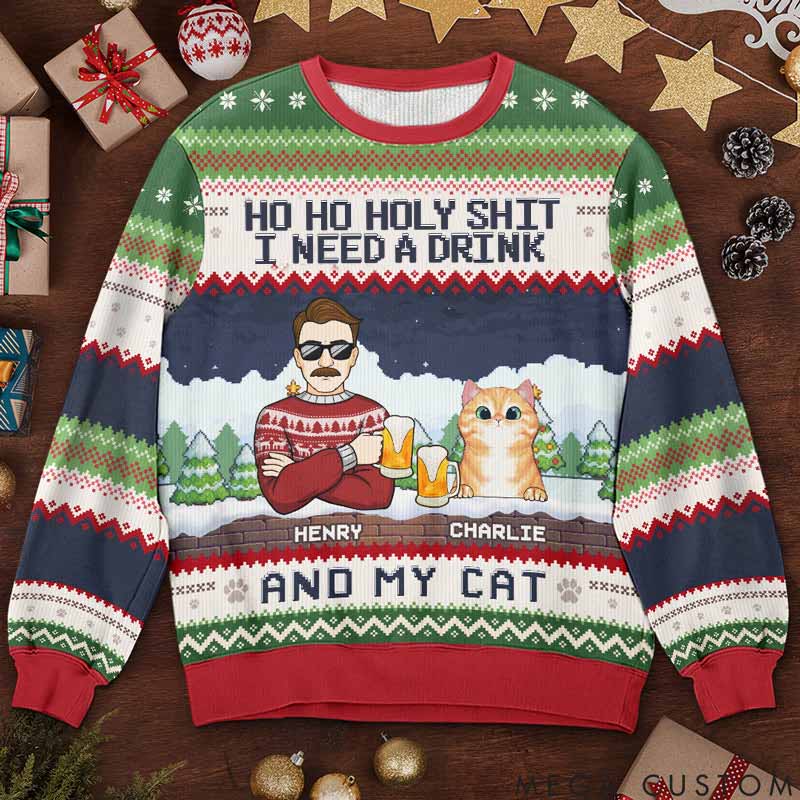 Personalized Cat Lover We Need A Beer And Our Cats Christmas Ugly Sweatshirt