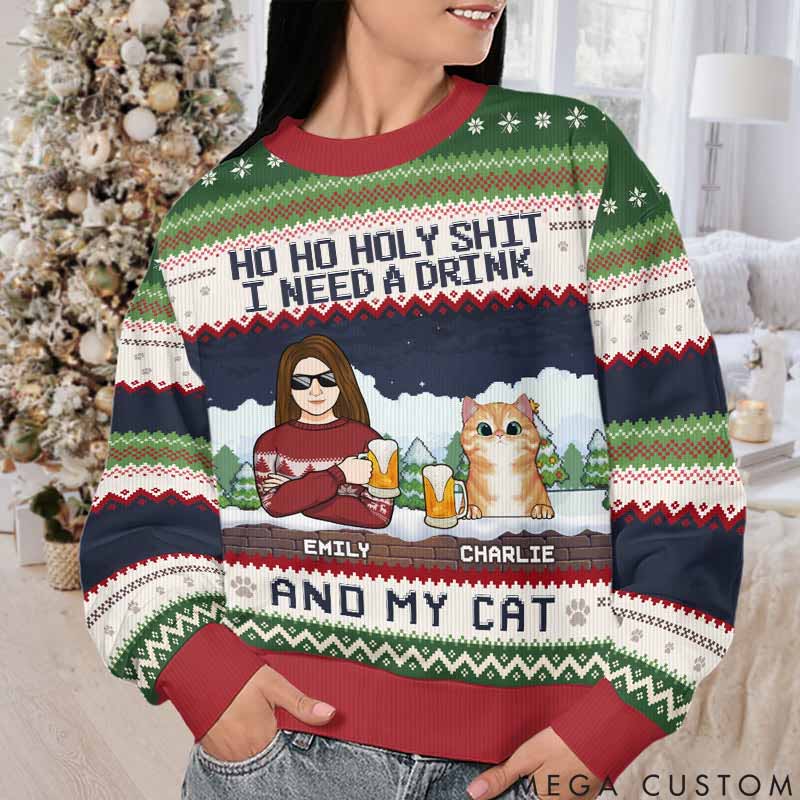Personalized Cat Lover We Need A Beer And Our Cats Christmas Ugly Sweatshirt