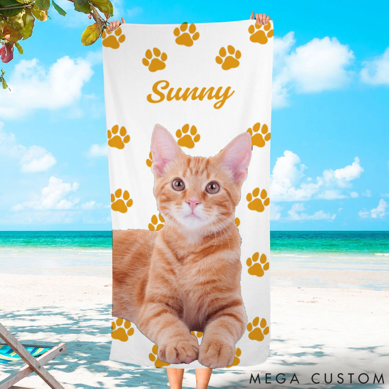 Personalized Cat Lover Your Cat's Name and Adorable Design Perfect Gift Memorial Beach Towel
