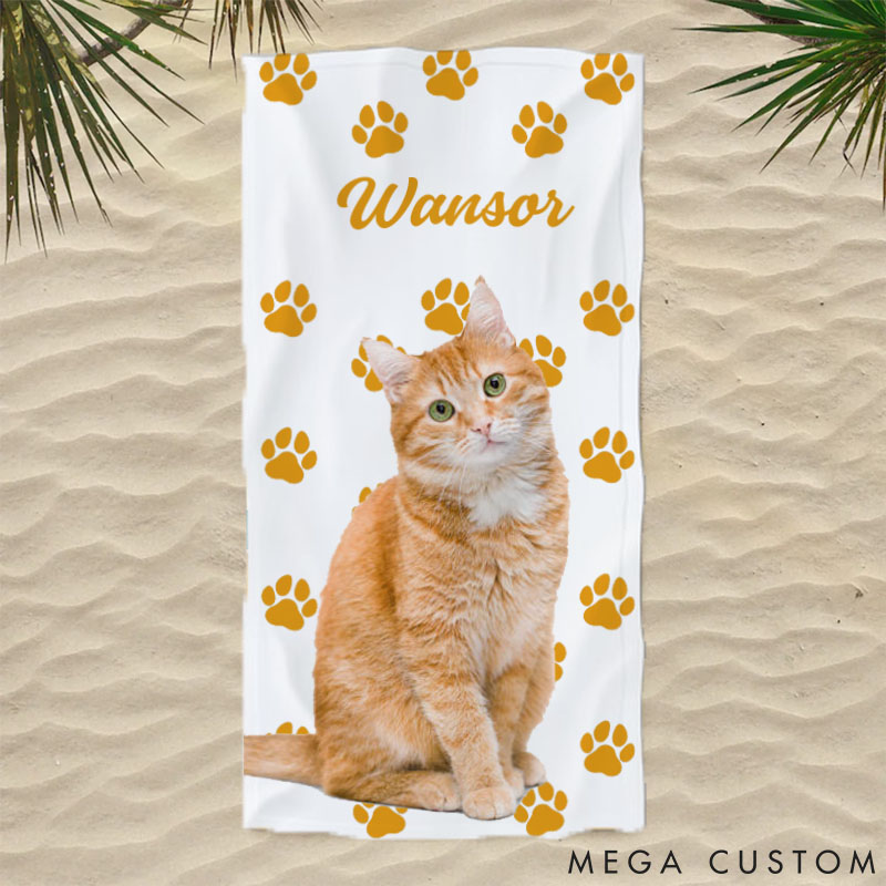 Personalized Cat Lover Your Cat's Name and Adorable Design Perfect Gift Memorial Beach Towel