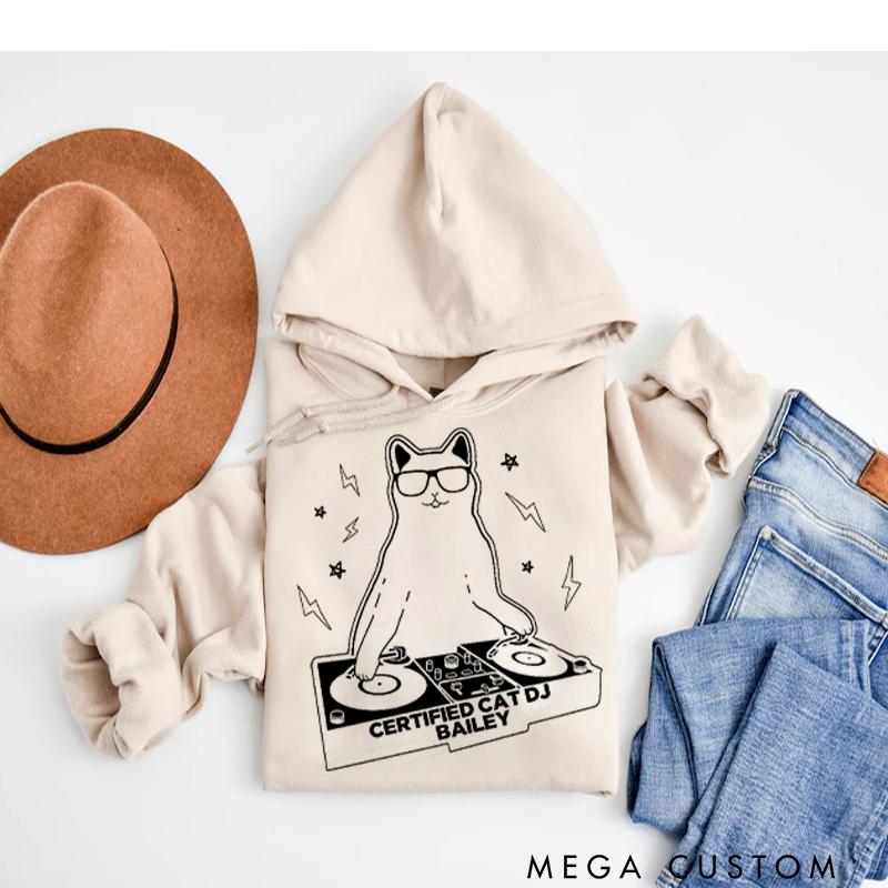 Personalized Classic Hoodies Funny Cat DJ Turntable Hoodie