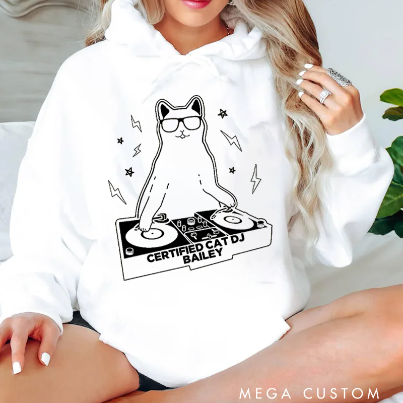 Personalized Classic Hoodies Funny Cat DJ Turntable Hoodie