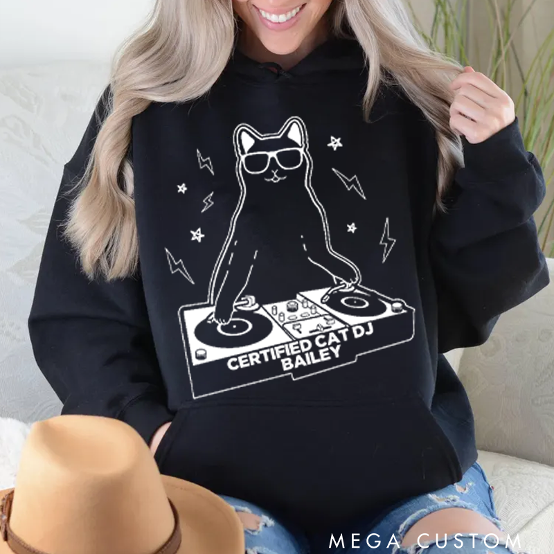Personalized Classic Hoodies Funny Cat DJ Turntable Hoodie