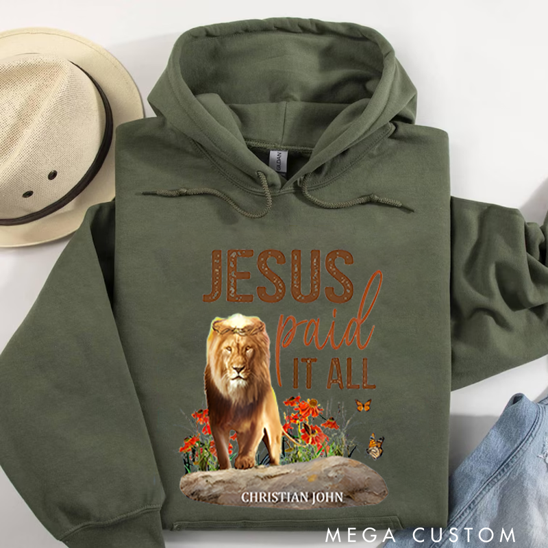 Personalized Classic Hoodies Jesus Paid It All Lion and Floral Inspirational Graphic Hoodie