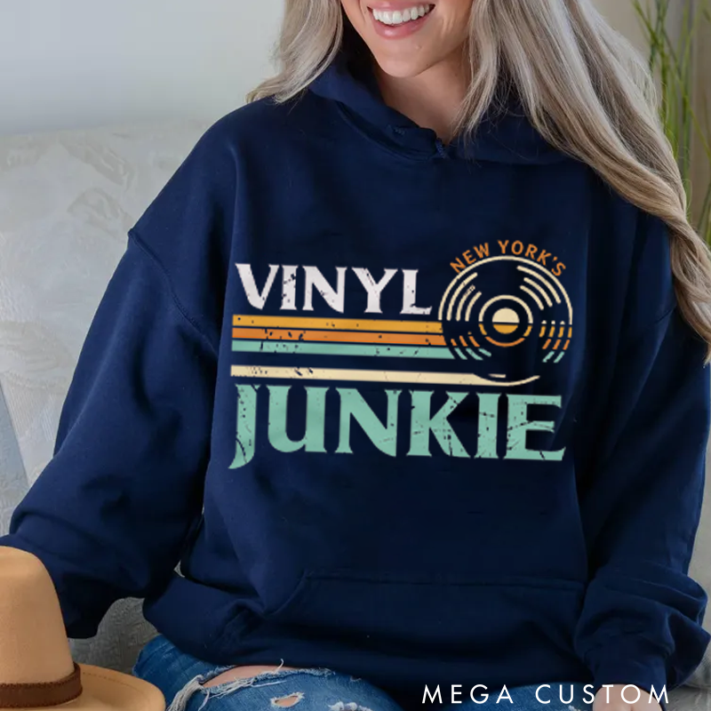 Personalized Classic Hoodies Vinyl Junkie Hoodie Music Lovers LP Records DJ Turntable Vintage Design Hoodie Music Collector Gift