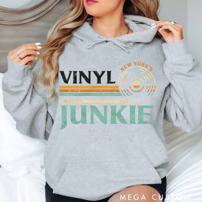 Personalized Classic Hoodies Vinyl Junkie Hoodie Music Lovers LP Records DJ Turntable Vintage Design Hoodie Music Collector Gift