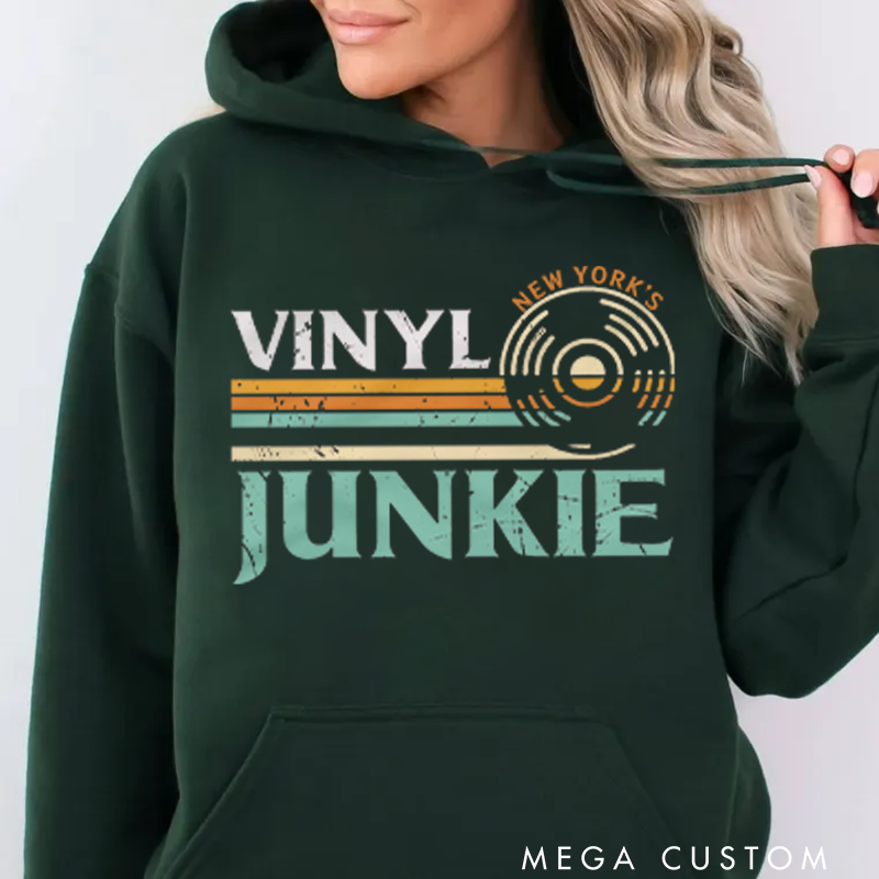 Personalized Classic Hoodies Vinyl Junkie Hoodie Music Lovers LP Records DJ Turntable Vintage Design Hoodie Music Collector Gift