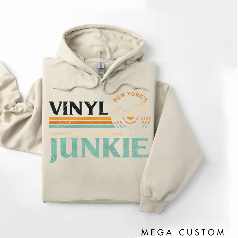 Personalized Classic Hoodies Vinyl Junkie Hoodie Music Lovers LP Records DJ Turntable Vintage Design Hoodie Music Collector Gift