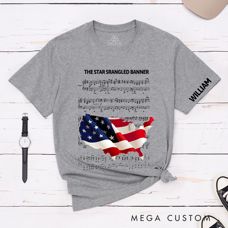 Personalized Classic T-Shirts American Flag and Musical Notes Perfect for Independence Day Fashion and Fans of Patriotic Statement Apparel Tee