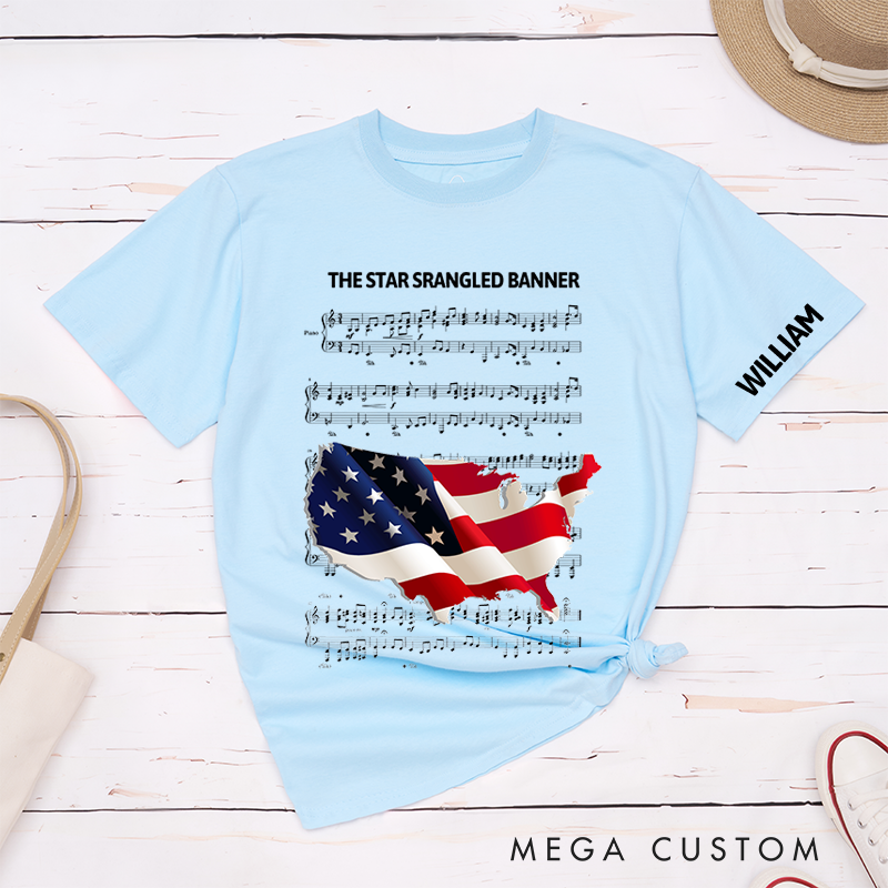 Personalized Classic T-Shirts American Flag and Musical Notes Perfect for Independence Day Fashion and Fans of Patriotic Statement Apparel Tee