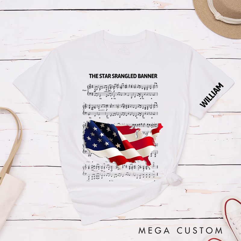 Personalized Classic T-Shirts American Flag and Musical Notes Perfect for Independence Day Fashion and Fans of Patriotic Statement Apparel Tee