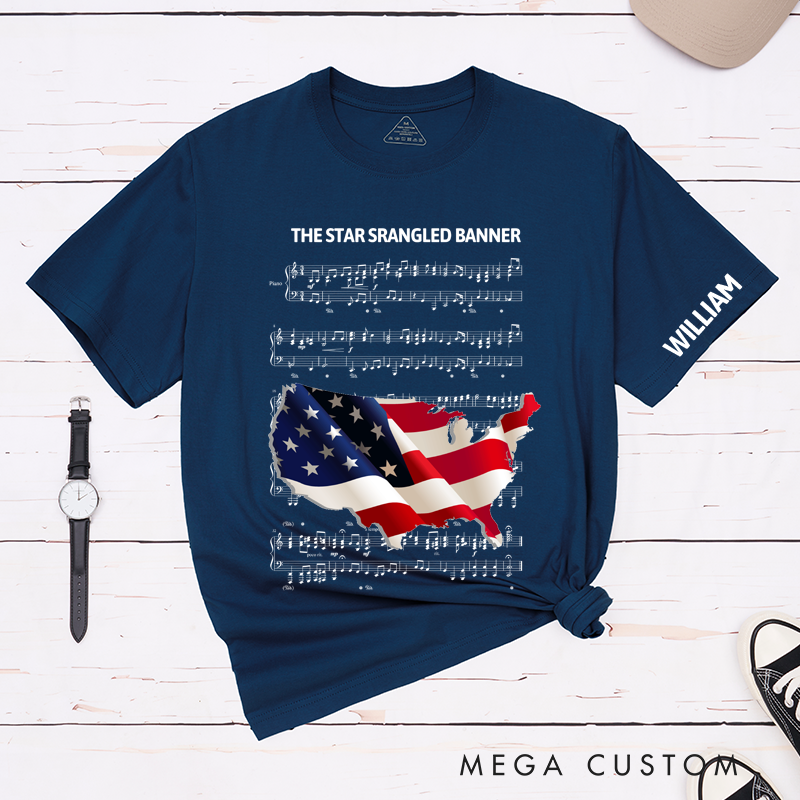 Personalized Classic T-Shirts American Flag and Musical Notes Perfect for Independence Day Fashion and Fans of Patriotic Statement Apparel Tee