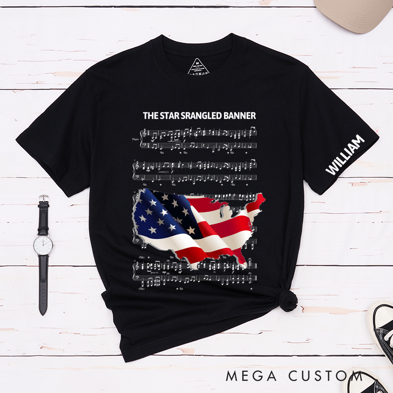 Personalized Classic T-Shirts American Flag and Musical Notes Perfect for Independence Day Fashion and Fans of Patriotic Statement Apparel Tee