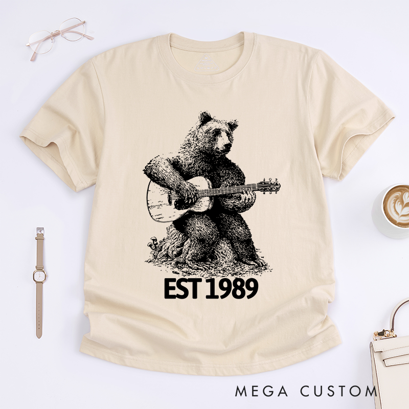 Personalized Classic T-Shirts Bear Playing Guitar Shirt Bear and Music Gift for Guitar Player Tee