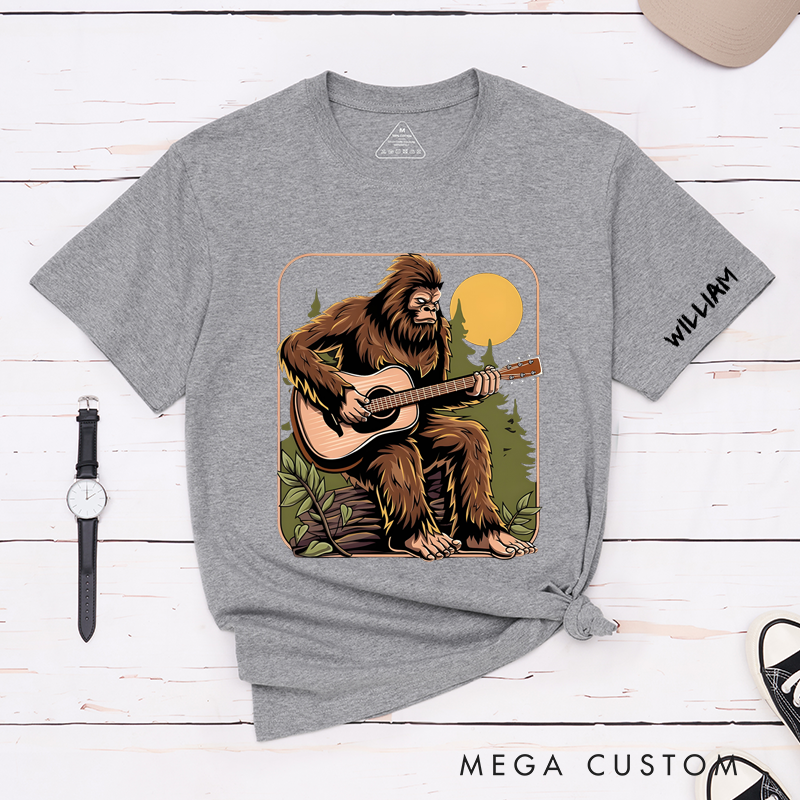 Personalized Classic T-Shirts Bigfoot Guitarist and Fun and Quirky Sasquatch Playing Acoustic Guitar Design Perfect for Music Lovers Gift