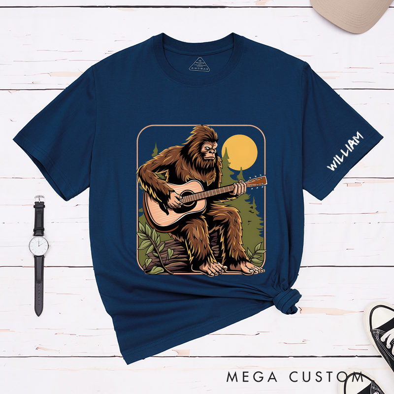 Personalized Classic T-Shirts Bigfoot Guitarist and Fun and Quirky Sasquatch Playing Acoustic Guitar Design Perfect for Music Lovers Gift