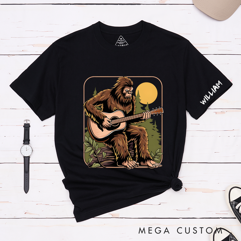 Personalized Classic T-Shirts Bigfoot Guitarist and Fun and Quirky Sasquatch Playing Acoustic Guitar Design Perfect for Music Lovers Gift