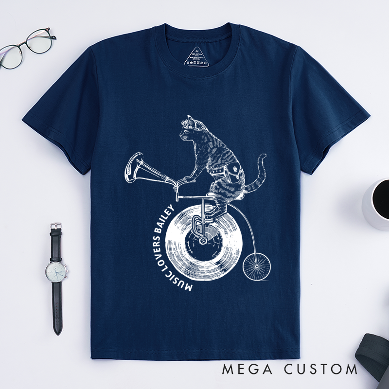 Personalized Classic T-Shirts Cat on Vinyl Bicycle and Quirky Music and Cycling Graphic Tee Perfect for Animal and Music Lovers Gift