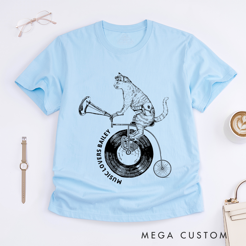 Personalized Classic T-Shirts Cat on Vinyl Bicycle and Quirky Music and Cycling Graphic Tee Perfect for Animal and Music Lovers Gift