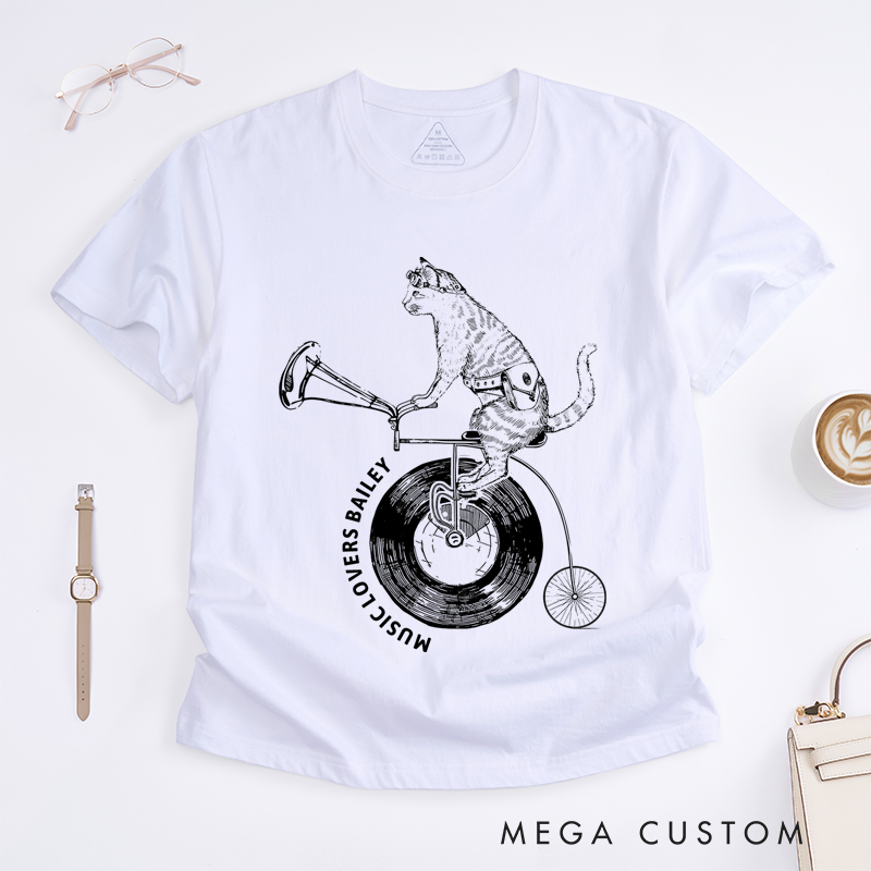 Personalized Classic T-Shirts Cat on Vinyl Bicycle and Quirky Music and Cycling Graphic Tee Perfect for Animal and Music Lovers Gift