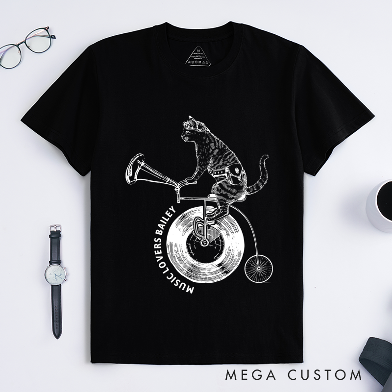 Personalized Classic T-Shirts Cat on Vinyl Bicycle and Quirky Music and Cycling Graphic Tee Perfect for Animal and Music Lovers Gift