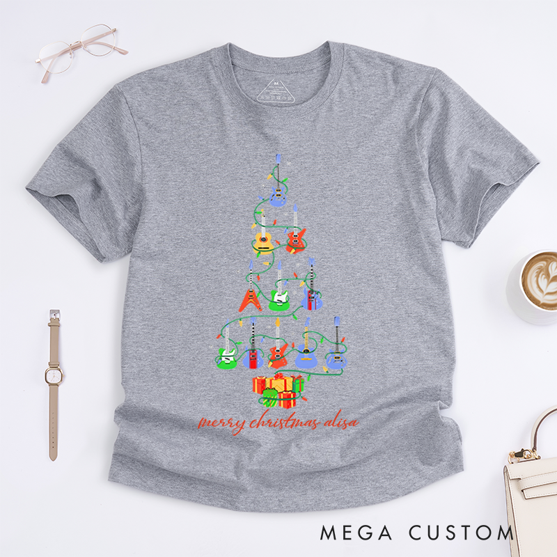 Personalized Classic T-Shirts Christmas Guitar Tree for Men and Women and Tee Guitar Musician Gift Top Music Ukulele Tree Shirt Christmas Gift
