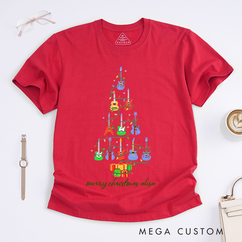 Personalized Classic T-Shirts Christmas Guitar Tree for Men and Women and Tee Guitar Musician Gift Top Music Ukulele Tree Shirt Christmas Gift