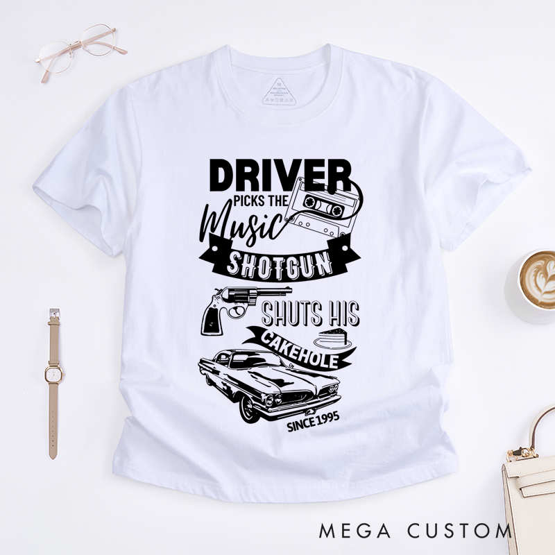 Personalized Classic T-Shirts Driver Picks the Music and Road Trip Humor Graphic Tee Perfect for Car Enthusiasts and Music Lovers T-Shirt