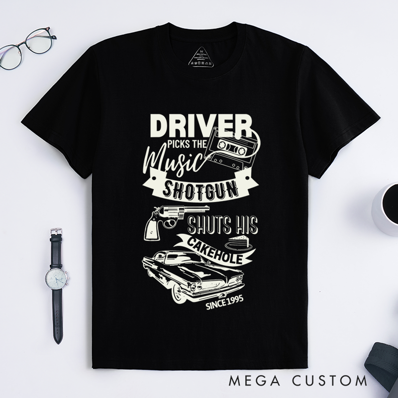 Personalized Classic T-Shirts Driver Picks the Music and Road Trip Humor Graphic Tee Perfect for Car Enthusiasts and Music Lovers T-Shirt