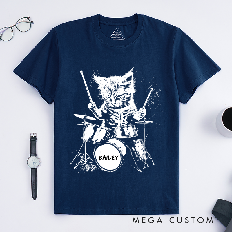 Personalized Classic T-Shirts Drumming Cat and Fun and Quirky Drum Set Graphic Tee