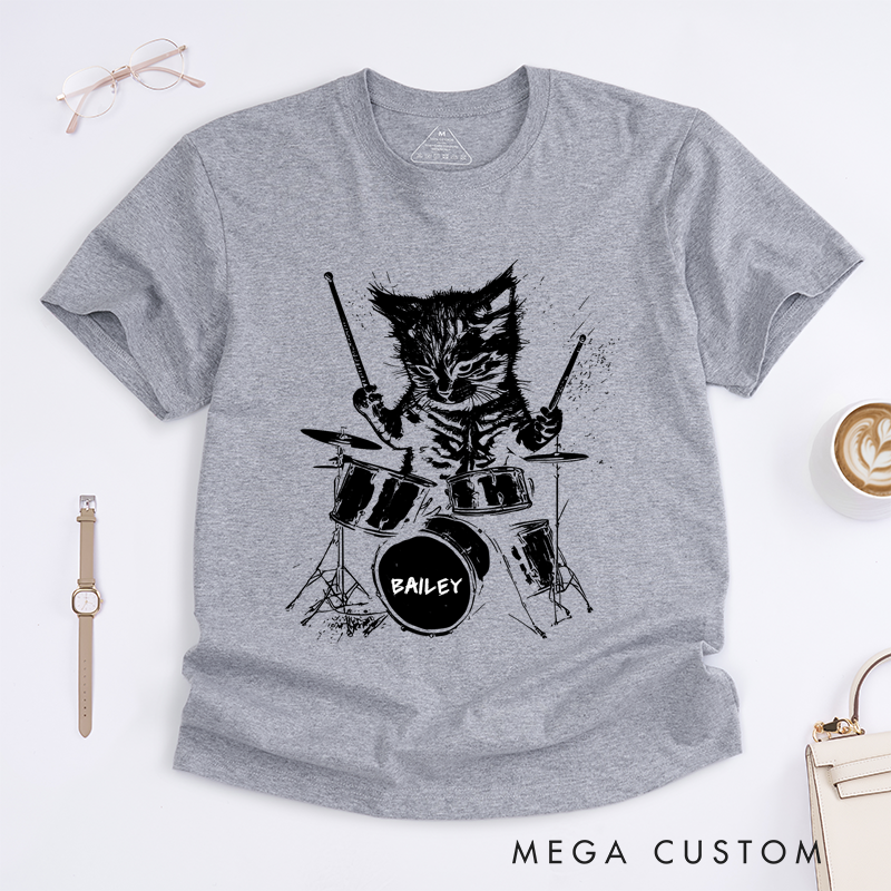 Personalized Classic T-Shirts Drumming Cat and Fun and Quirky Drum Set Graphic Tee