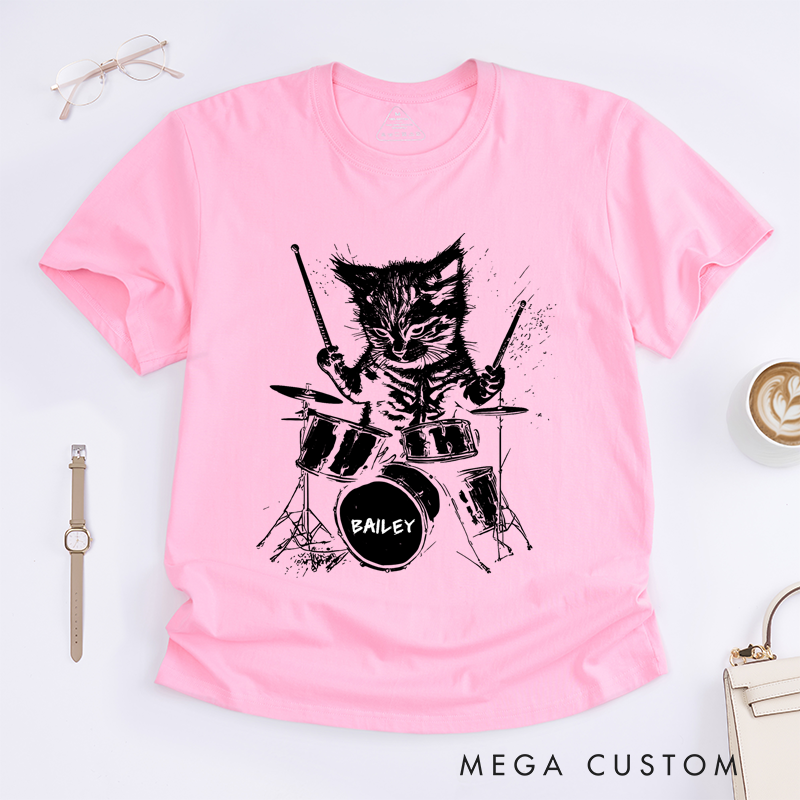Personalized Classic T-Shirts Drumming Cat and Fun and Quirky Drum Set Graphic Tee