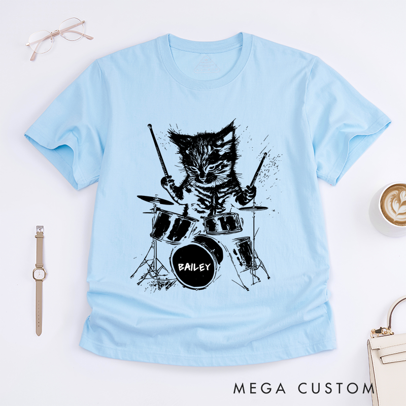 Personalized Classic T-Shirts Drumming Cat and Fun and Quirky Drum Set Graphic Tee