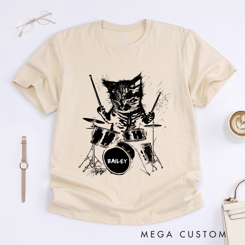 Personalized Classic T-Shirts Drumming Cat and Fun and Quirky Drum Set Graphic Tee
