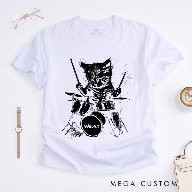 Personalized Classic T-Shirts Drumming Cat and Fun and Quirky Drum Set Graphic Tee