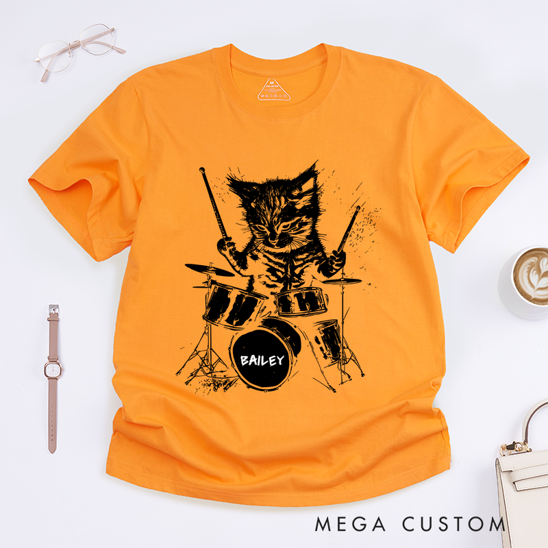 Personalized Classic T-Shirts Drumming Cat and Fun and Quirky Drum Set Graphic Tee