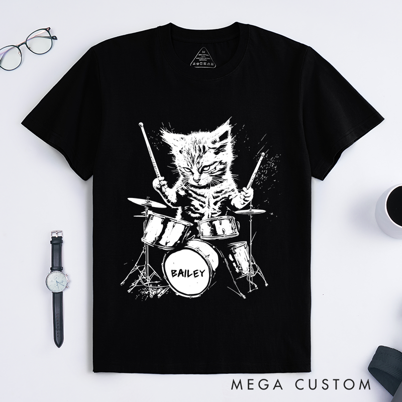 Personalized Classic T-Shirts Drumming Cat and Fun and Quirky Drum Set Graphic Tee