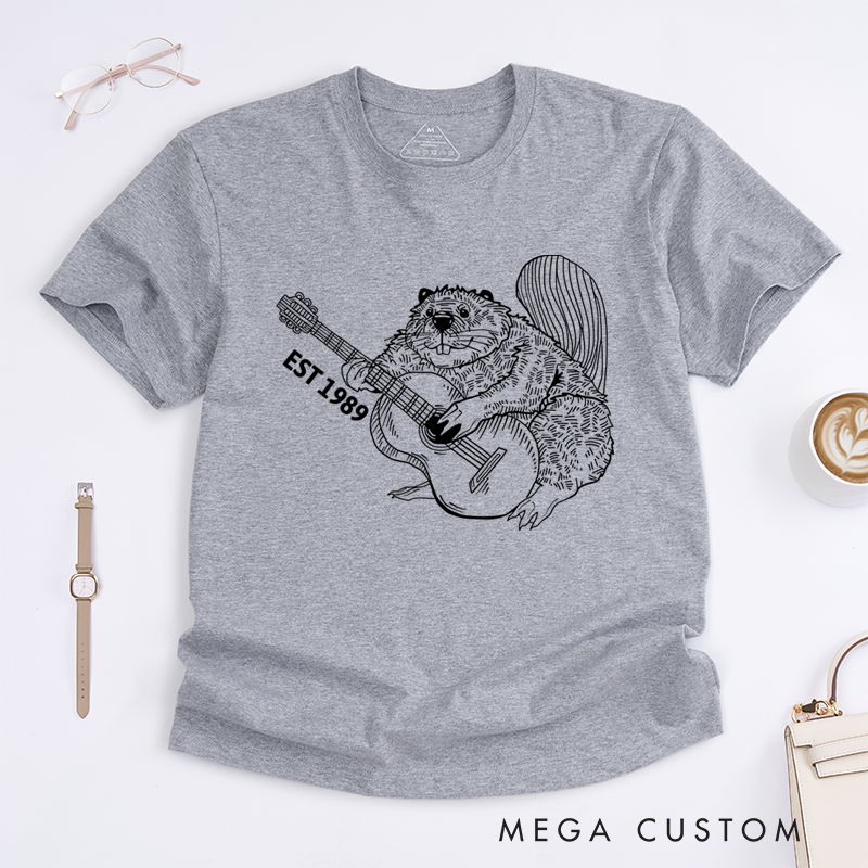 Personalized Classic T-Shirts Funny Beaver Playing Guitar Tee Perfect for Animal and Guitar Lover and Rock and Band Gift
