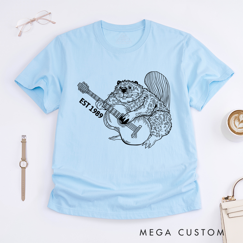 Personalized Classic T-Shirts Funny Beaver Playing Guitar Tee Perfect for Animal and Guitar Lover and Rock and Band Gift