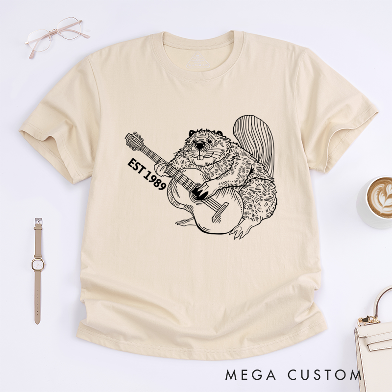 Personalized Classic T-Shirts Funny Beaver Playing Guitar Tee Perfect for Animal and Guitar Lover and Rock and Band Gift