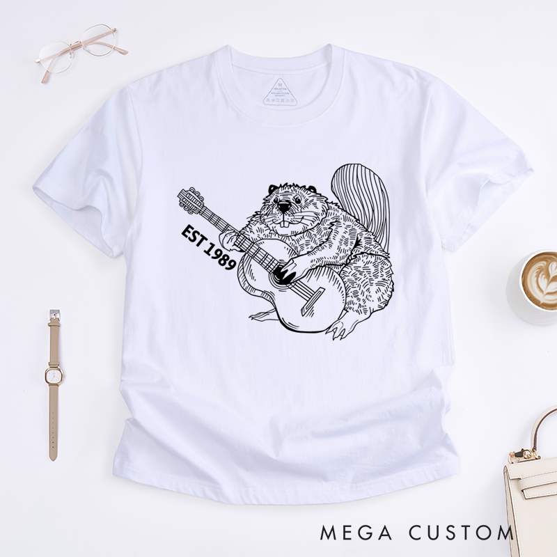 Personalized Classic T-Shirts Funny Beaver Playing Guitar Tee Perfect for Animal and Guitar Lover and Rock and Band Gift