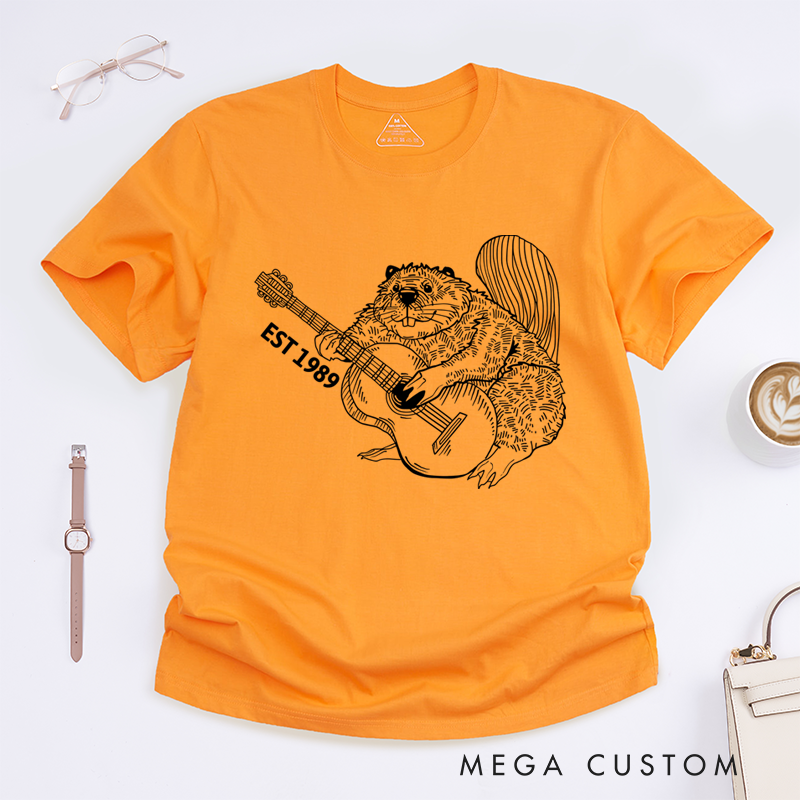 Personalized Classic T-Shirts Funny Beaver Playing Guitar Tee Perfect for Animal and Guitar Lover and Rock and Band Gift