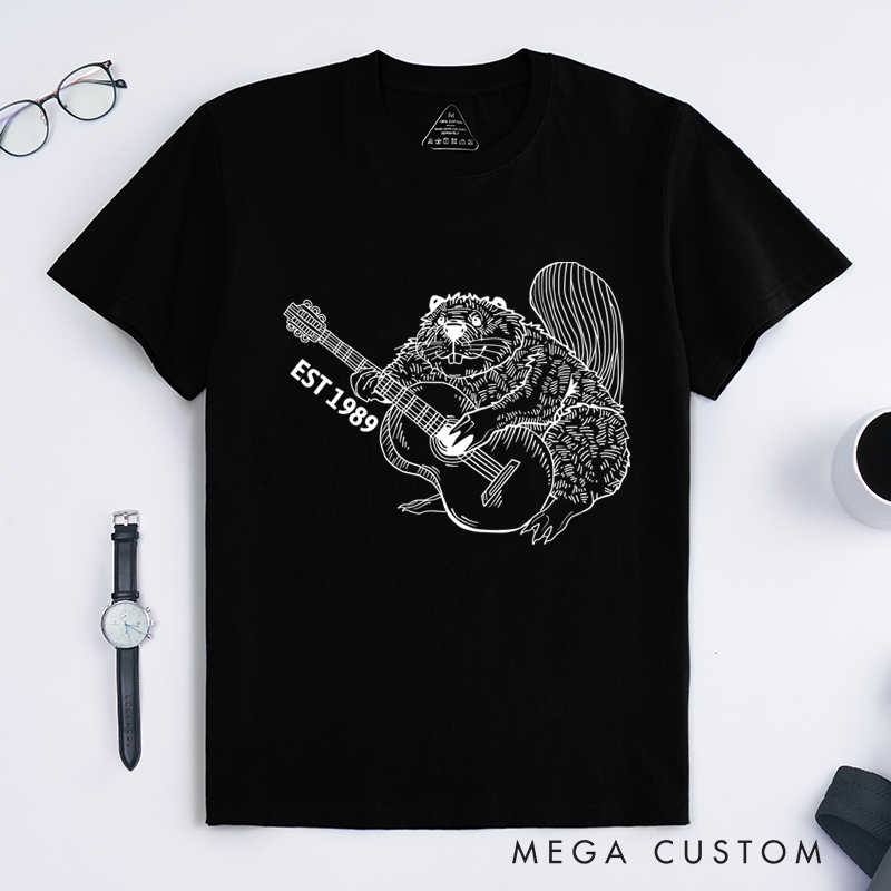 Personalized Classic T-Shirts Funny Beaver Playing Guitar Tee Perfect for Animal and Guitar Lover and Rock and Band Gift