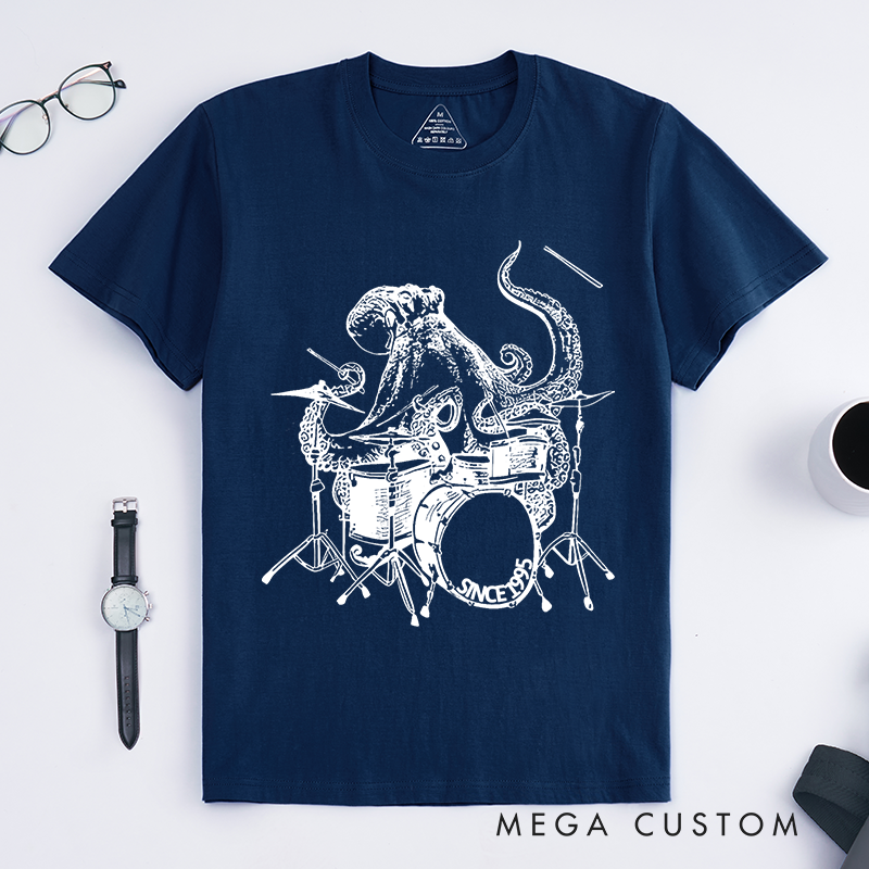 Personalized Classic T-Shirts Funny Octopus Playing Drums Tee Rock and Musician Gift