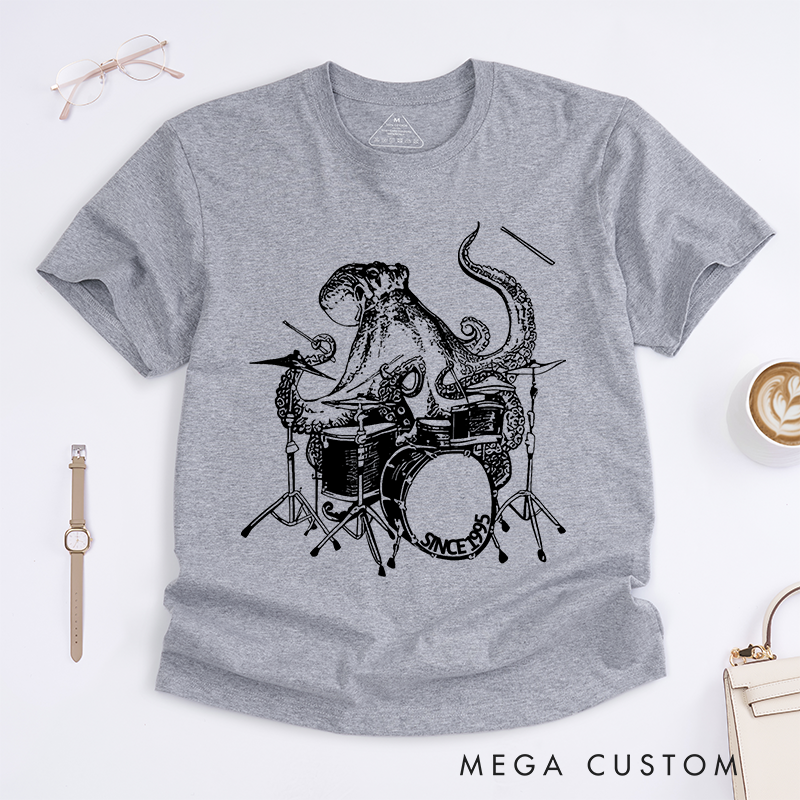 Personalized Classic T-Shirts Funny Octopus Playing Drums Tee Rock and Musician Gift
