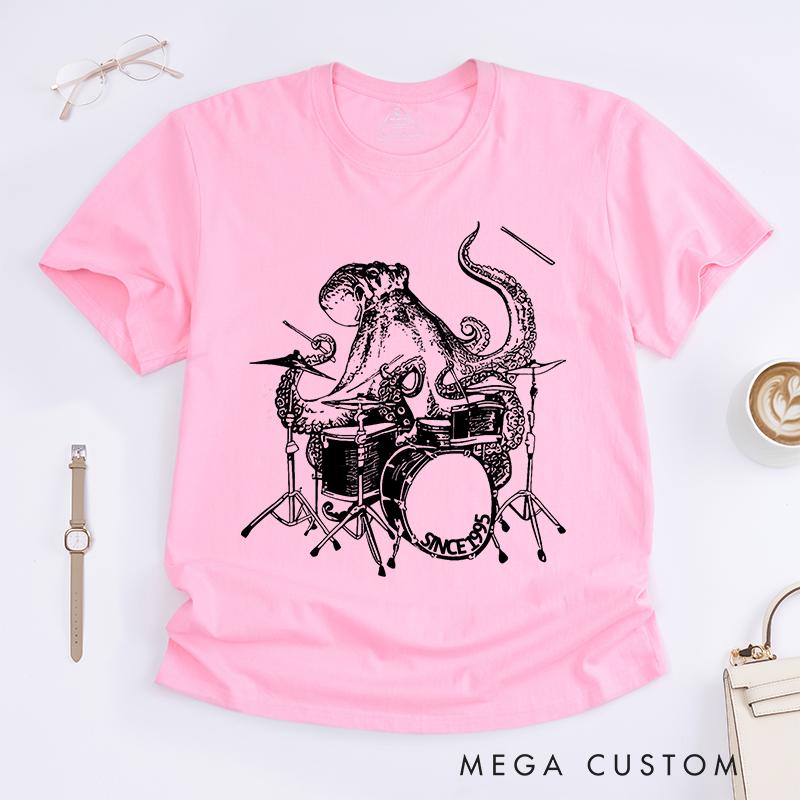 Personalized Classic T-Shirts Funny Octopus Playing Drums Tee Rock and Musician Gift