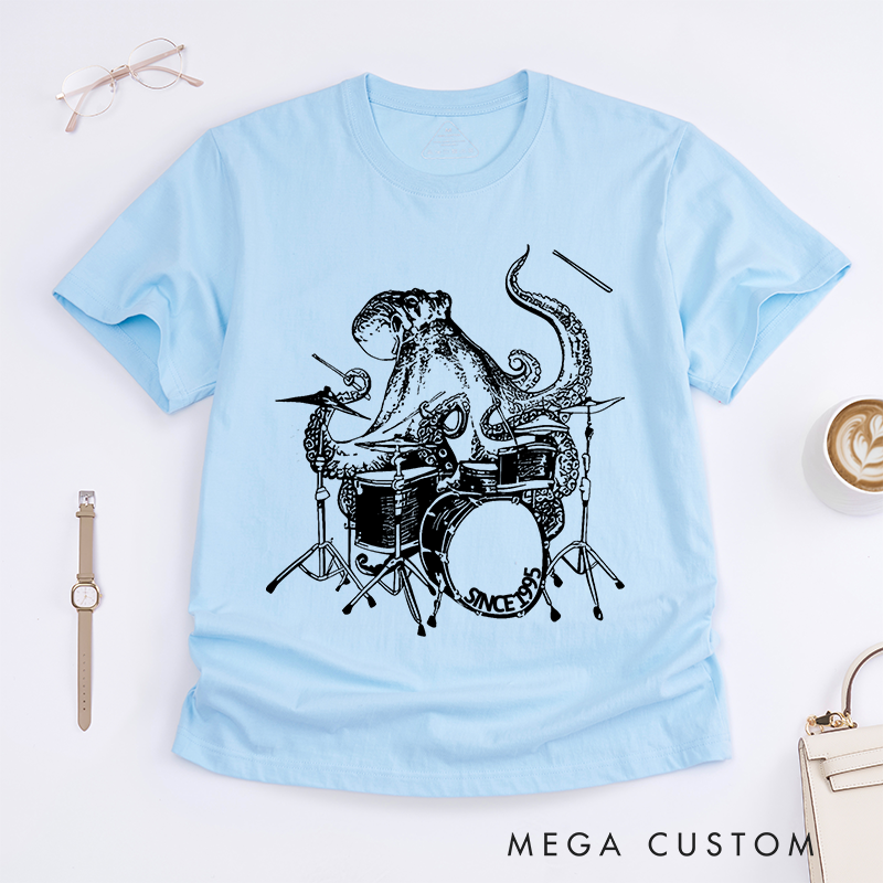 Personalized Classic T-Shirts Funny Octopus Playing Drums Tee Rock and Musician Gift